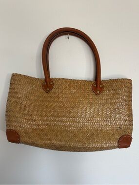 Brown Boho Woven Straw Bag Vegan Leather Strap Bohemian Beachy Purse/Beach Bag